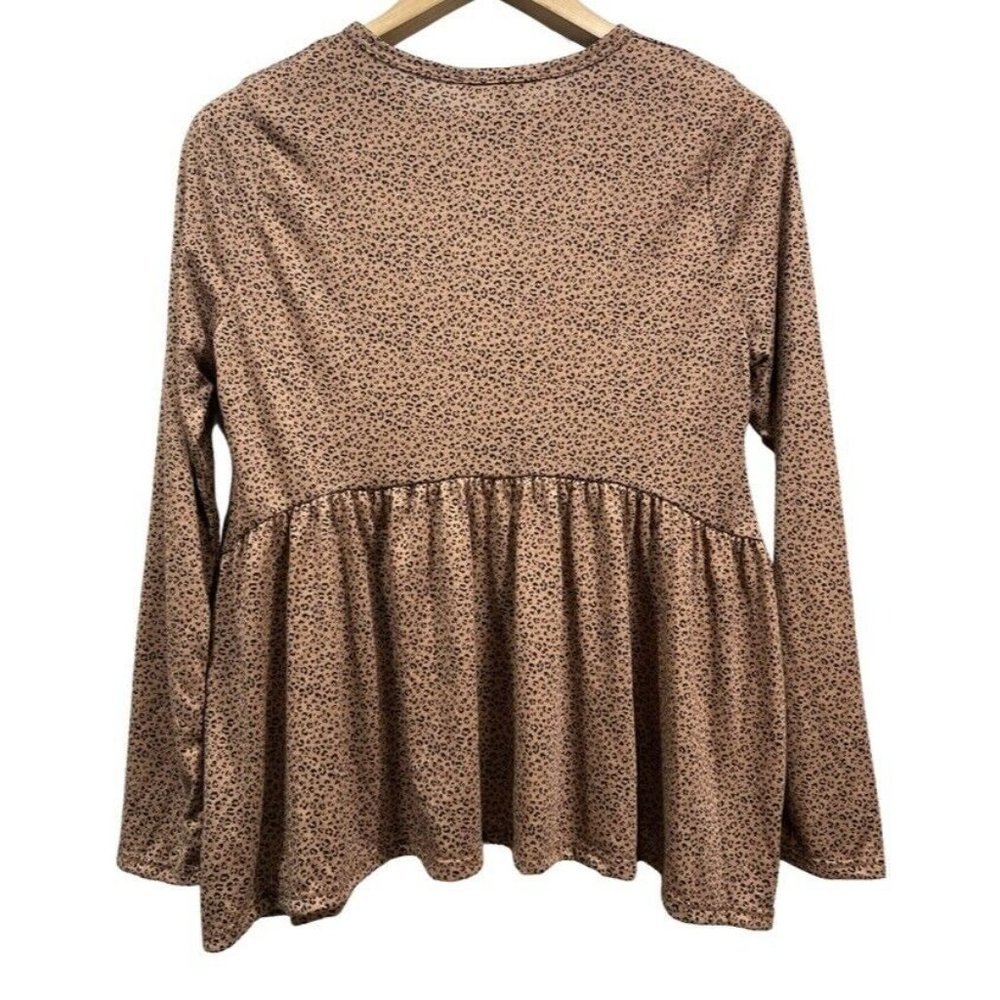 GAZE Womens Leopard Print Baby Doll Tunic Long Sleeves Top Brown Black M **NWT - Picture 2 of 9